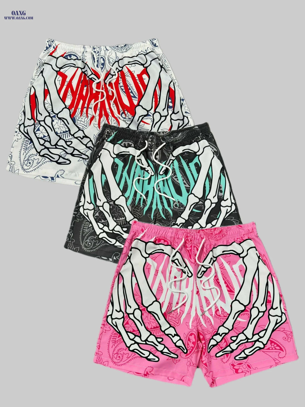 Trendy Men's Skeleton Hands Print Shorts - Casual Drawstring Beachwear   OAXG White+black+pink / XS