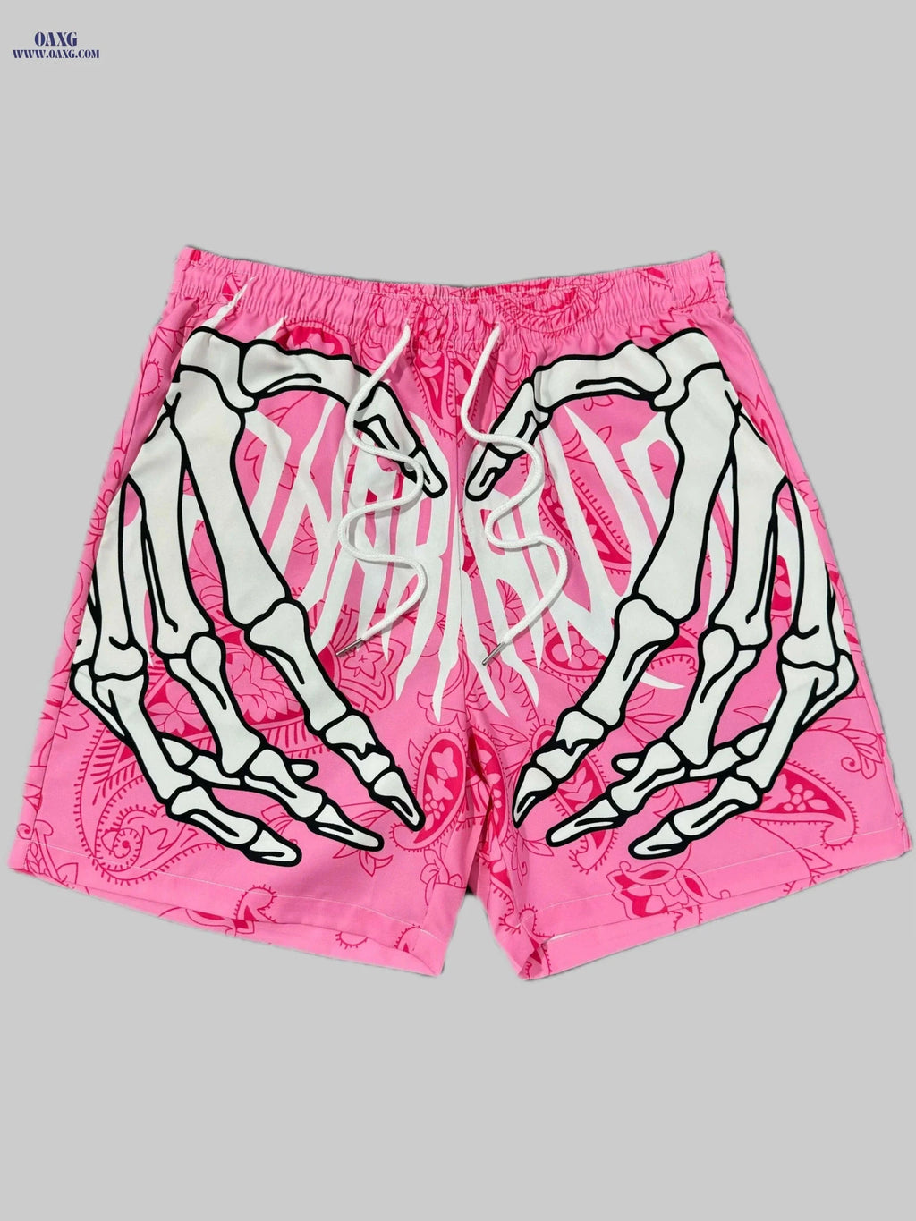 Trendy Men's Skeleton Hands Print Shorts - Casual Drawstring Beachwear   OAXG White+black+pink / XS