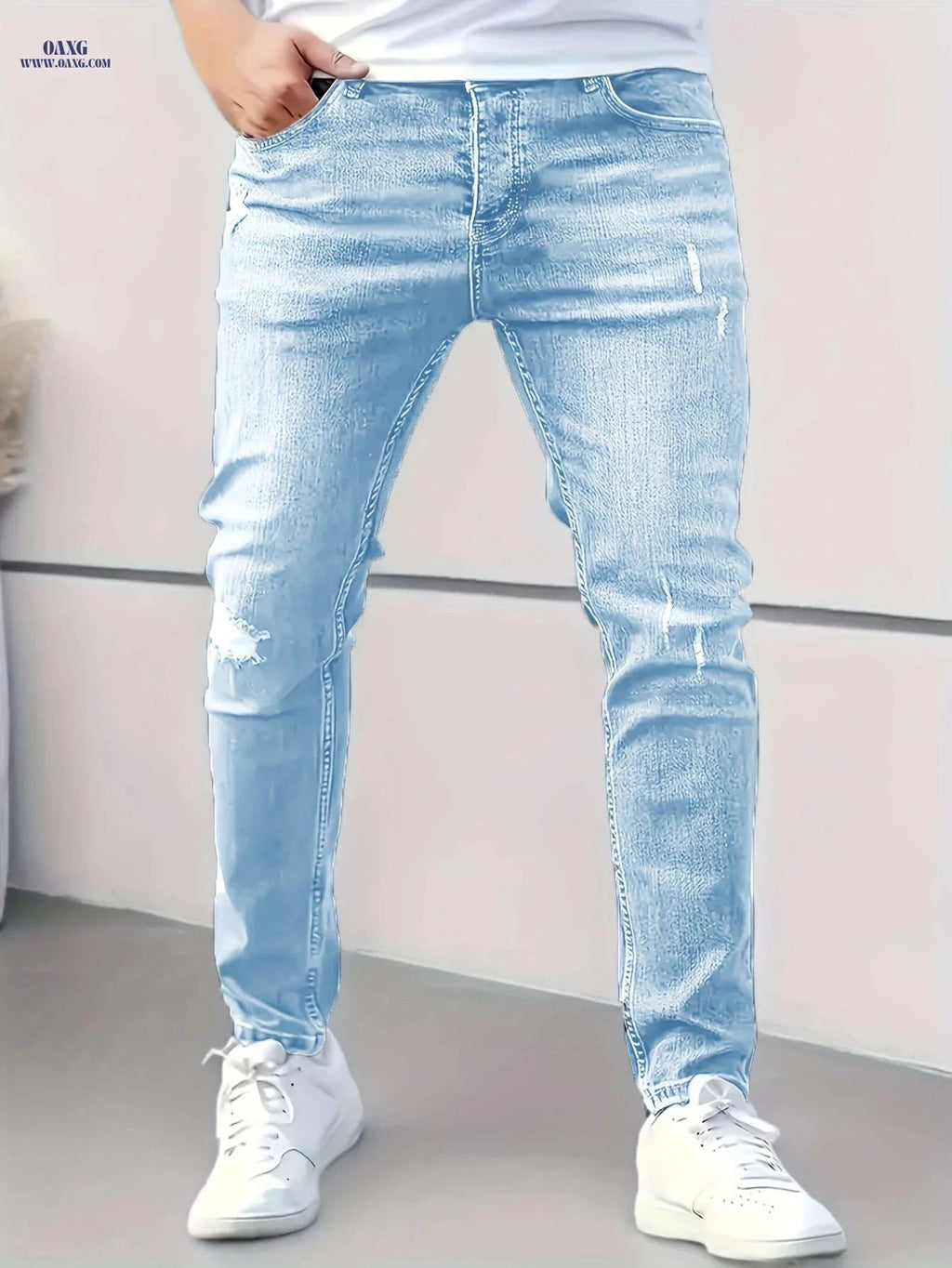 Trendy Men's Slim-Fit Ripped Jeans - Stylish Denim for All Seasons   OAXG Sky Blue / FR XS