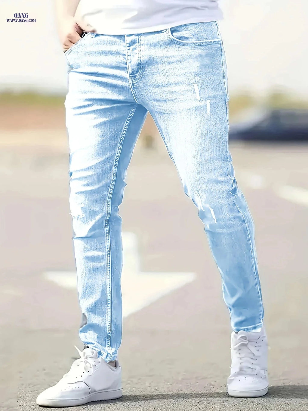Trendy Men's Slim-Fit Ripped Jeans - Stylish Denim for All Seasons   OAXG Sky Blue / FR XS