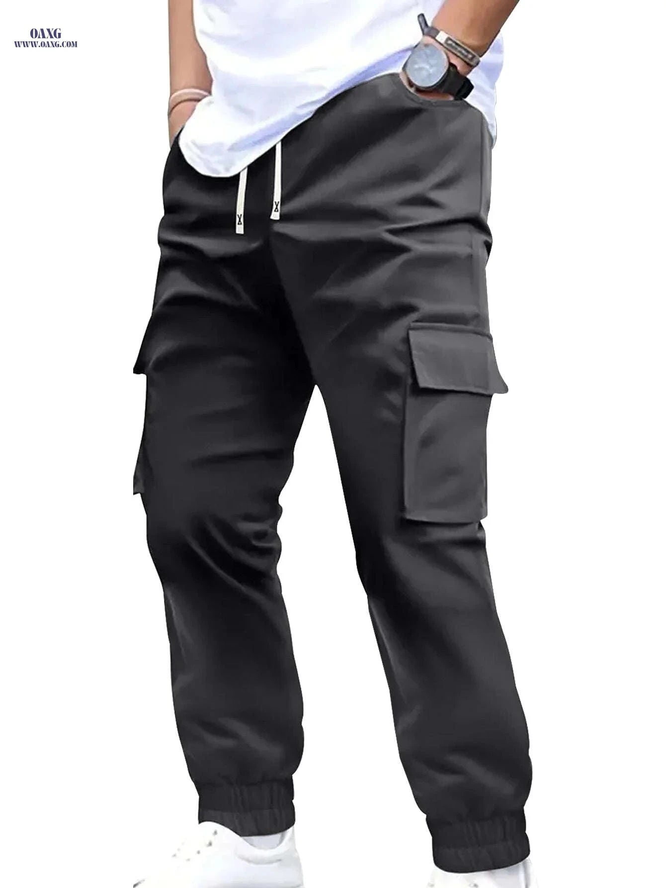 Trendy Men's Solid Color Work Pants - Multi-fold Pocket Design   OAXG 