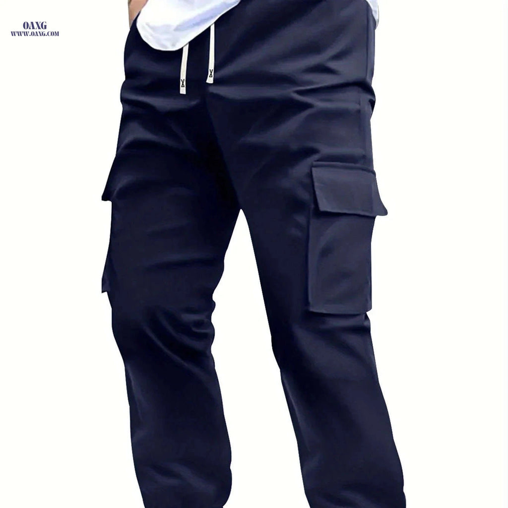 Trendy Men's Solid Color Work Pants - Multi-fold Pocket Design   OAXG 