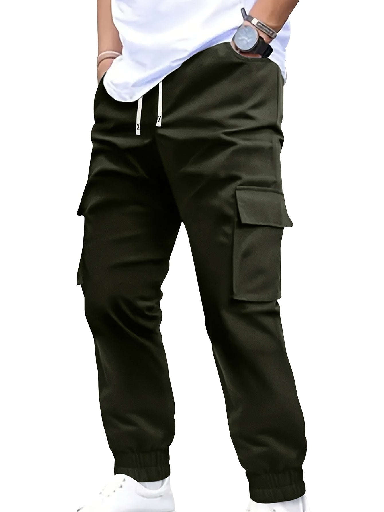 Trendy Men's Solid Color Work Pants - Multi-fold Pocket Design   OAXG 