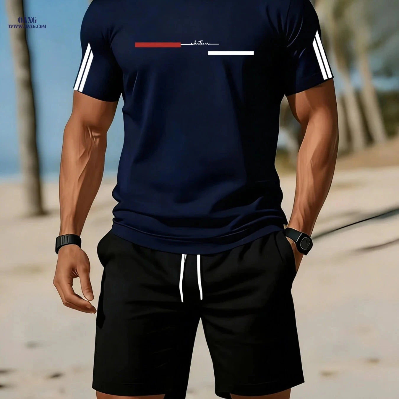 Trendy Men’s Summer Outfit - Short Sleeve T-Shirt & Shorts Set   OAXG 