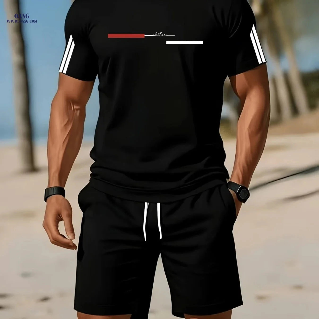 Trendy Men’s Summer Outfit - Short Sleeve T-Shirt & Shorts Set   OAXG 
