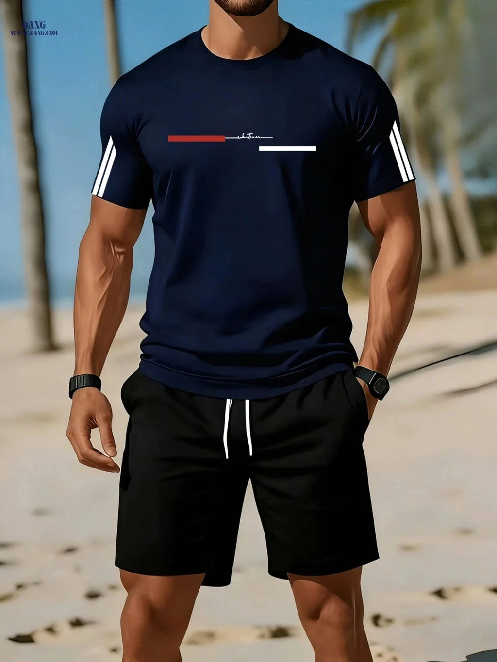 Trendy Men’s Summer Outfit - Short Sleeve T-Shirt & Shorts Set   OAXG 