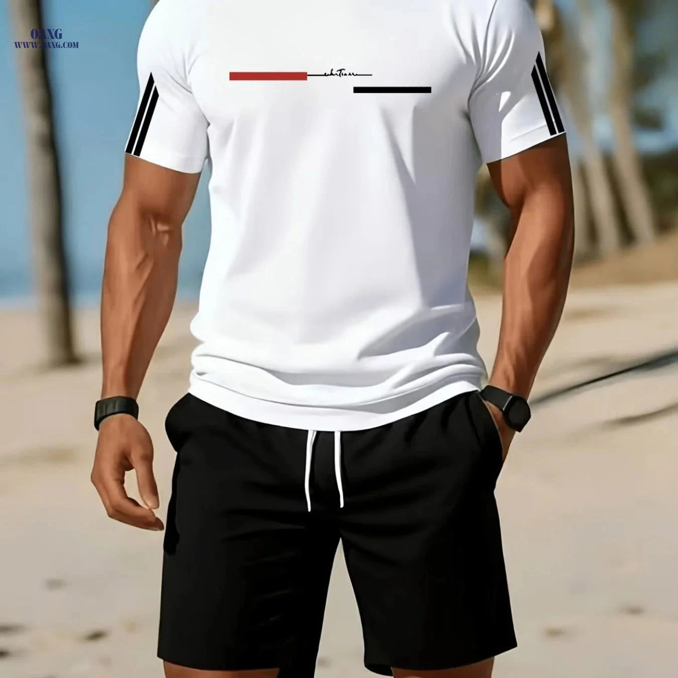 Trendy Men’s Summer Outfit - Short Sleeve T-Shirt & Shorts Set   OAXG 