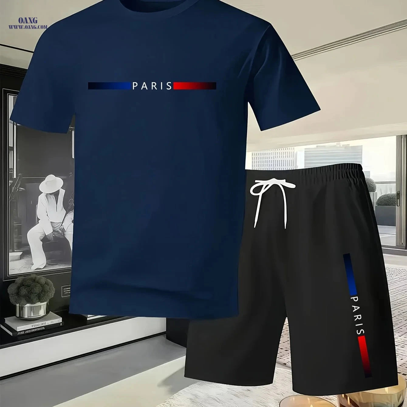 Trendy Men's Summer PARIS Print T-shirt and Shorts Set - Casual Style   OAXG 