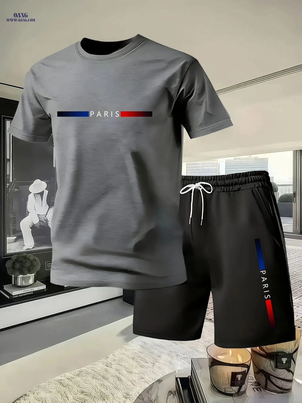 Trendy Men's Summer PARIS Print T-shirt and Shorts Set - Casual Style   OAXG Black / FR S