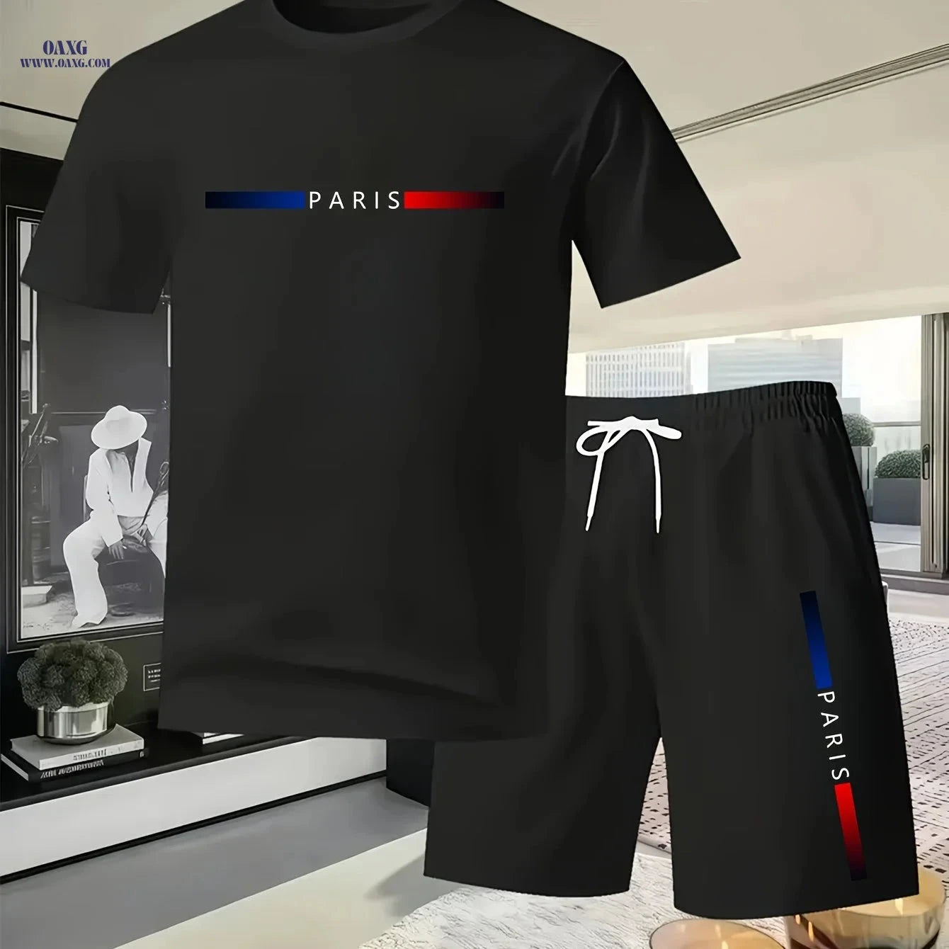 Trendy Men's Summer PARIS Print T-shirt and Shorts Set - Casual Style   OAXG Black / FR S