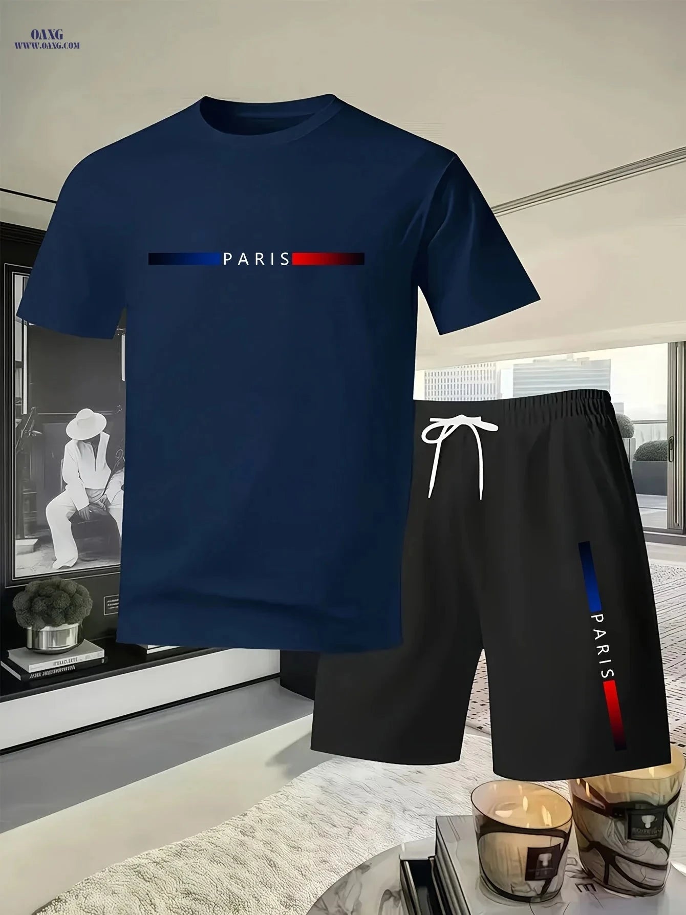 Trendy Men's Summer PARIS Print T-shirt and Shorts Set - Casual Style   OAXG Black / FR S