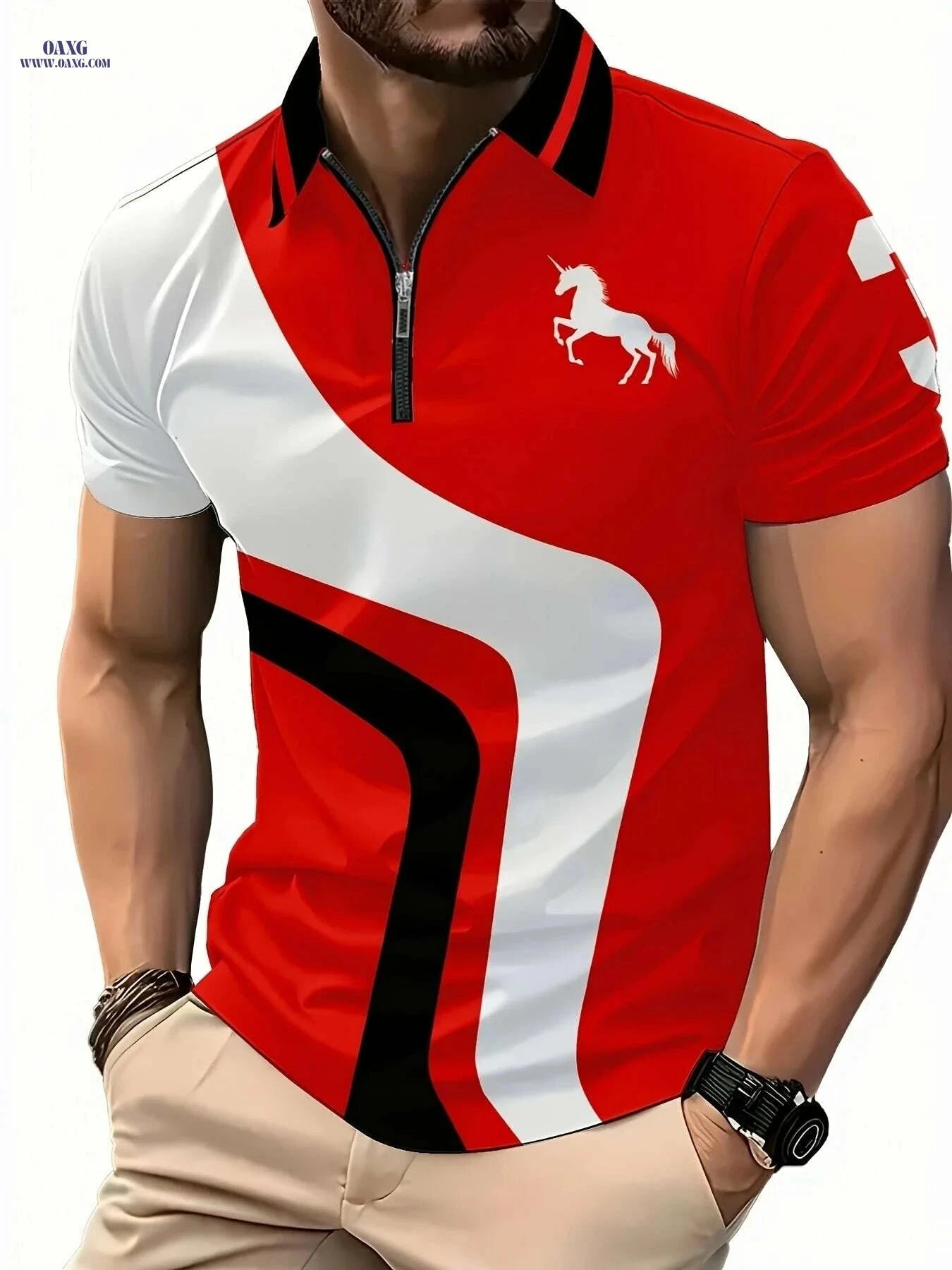 Trendy Men's Summer Short Sleeve Shirt - Geometric Horse Design   OAXG 