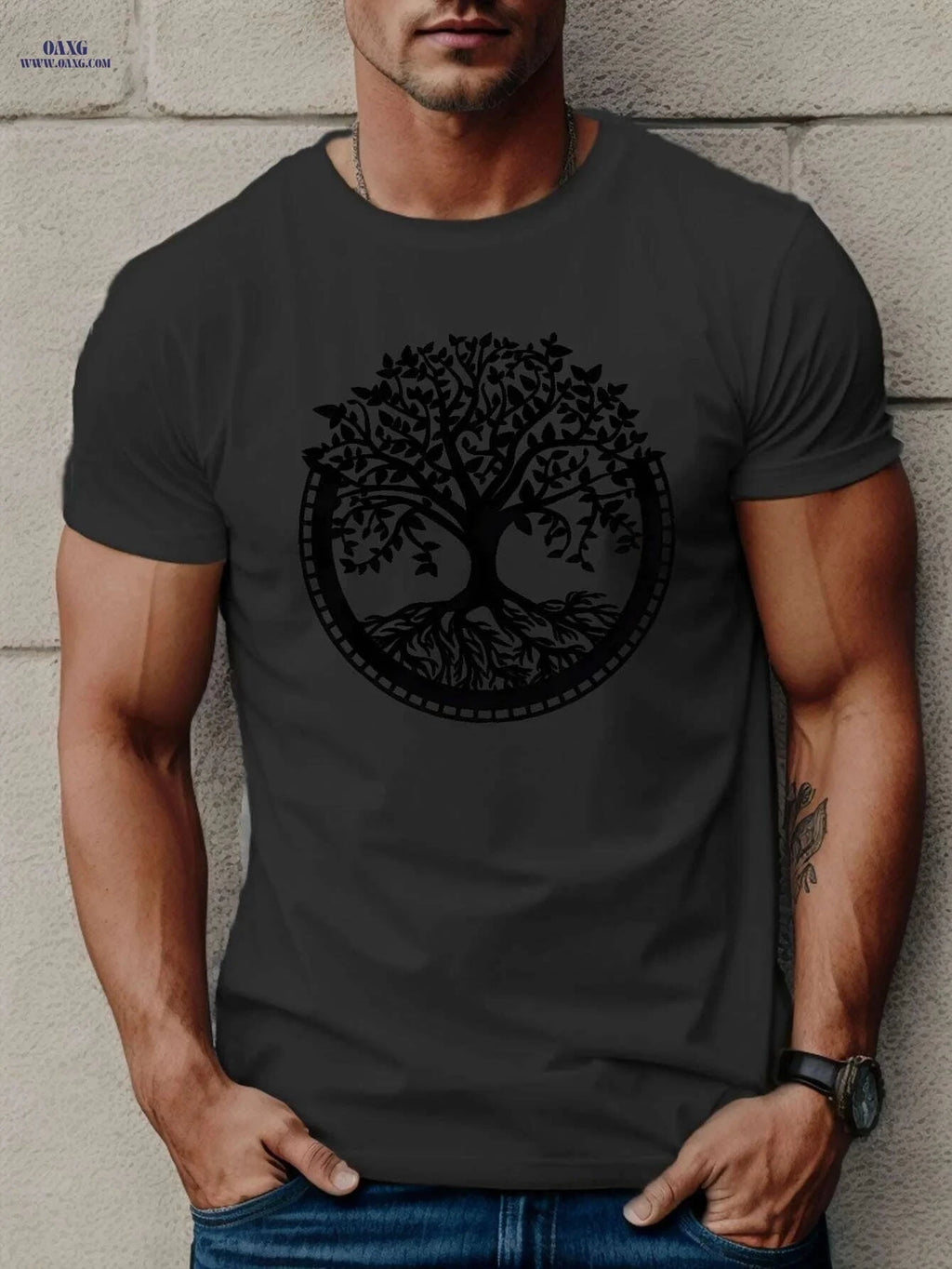 Trendy Men's Tree Print T-Shirt - Lightweight & Breathable Casual Tee   OAXG Dark Gray / S