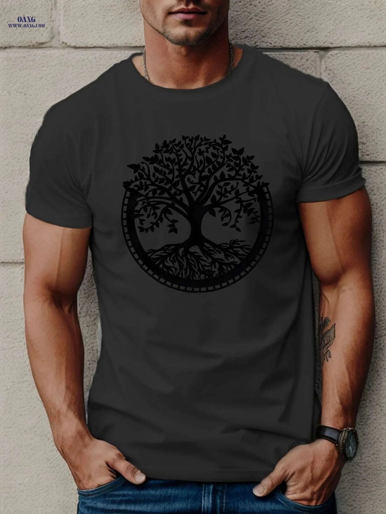 Trendy Men's Tree Print T-Shirt - Lightweight & Breathable Casual Tee   OAXG Dark Gray / S