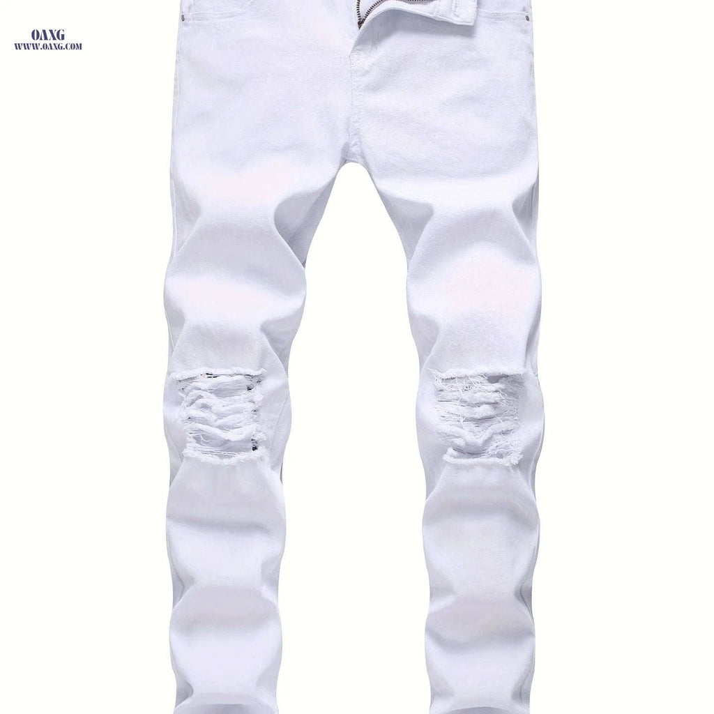 Trendy Men's White Distressed Skinny Jeans - Stretch Denim, Ripped Knee   OAXG White / FR 34-36