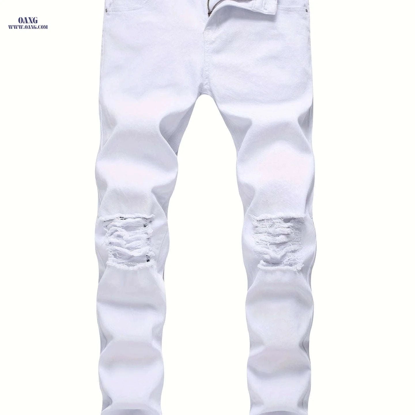 Trendy Men's White Distressed Skinny Jeans - Stretch Denim, Ripped Knee   OAXG White / FR 34-36