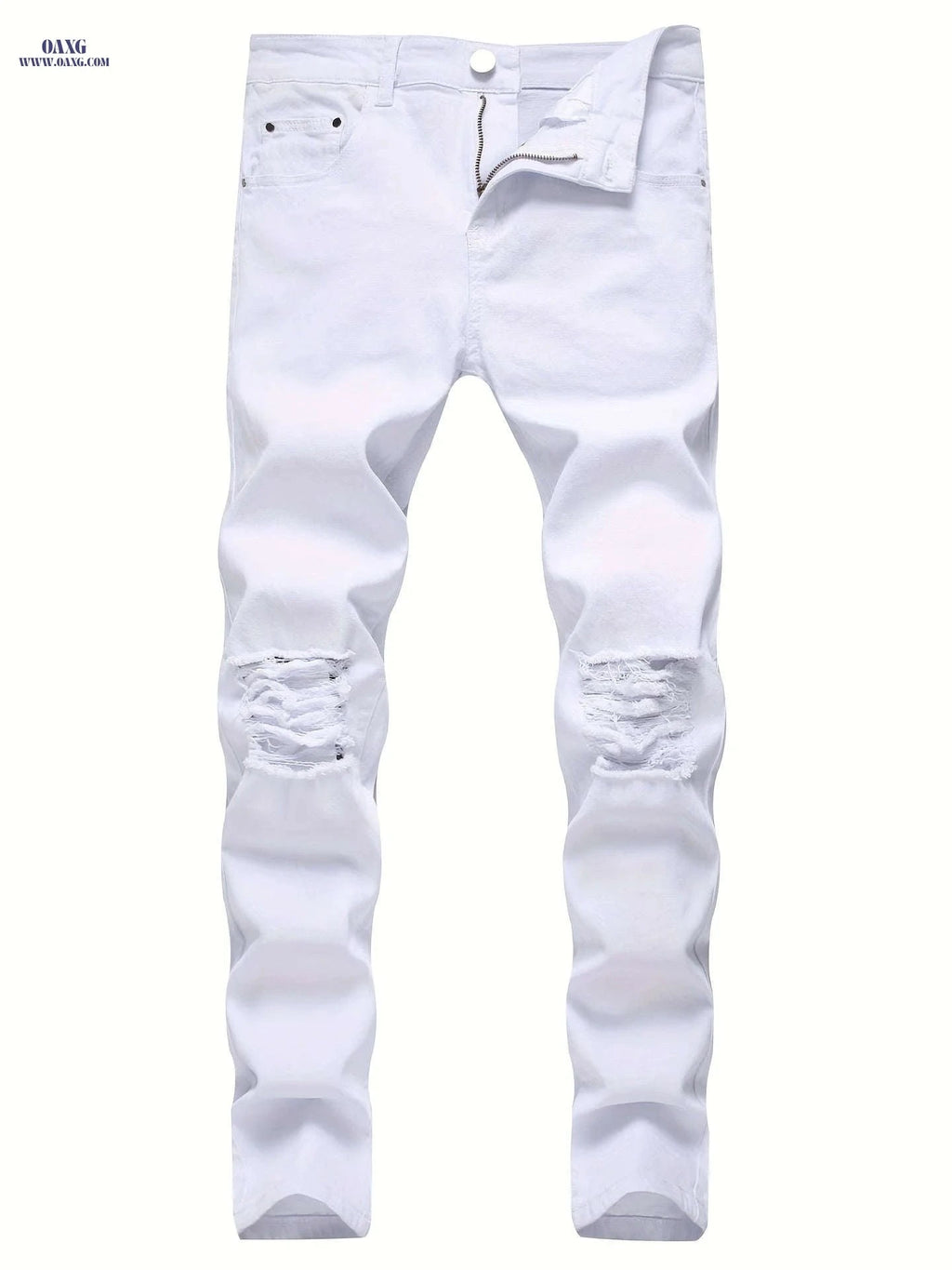 Trendy Men's White Distressed Skinny Jeans - Stretch Denim, Ripped Knee   OAXG 