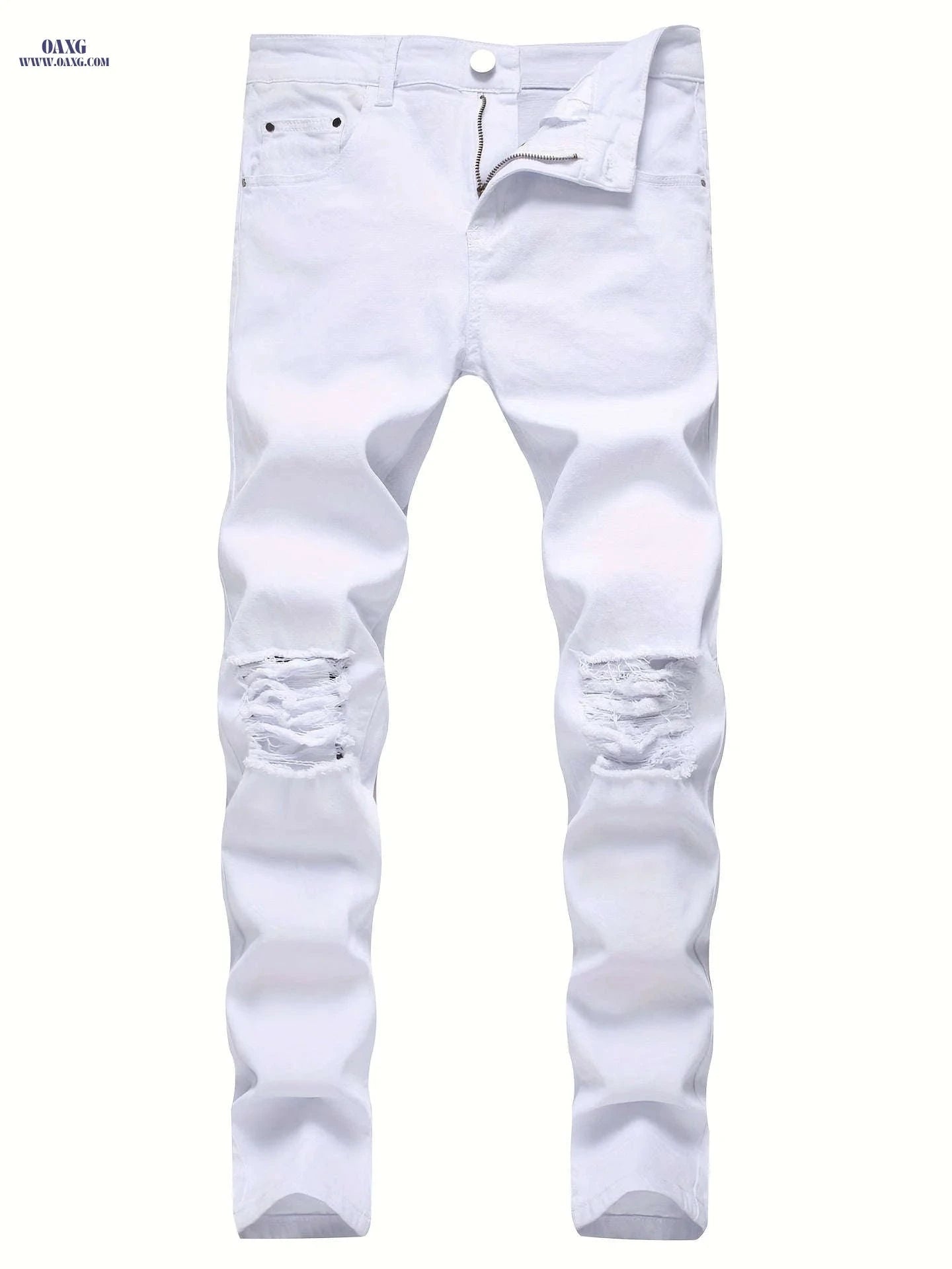 Trendy Men's White Distressed Skinny Jeans - Stretch Denim, Ripped Knee   OAXG 