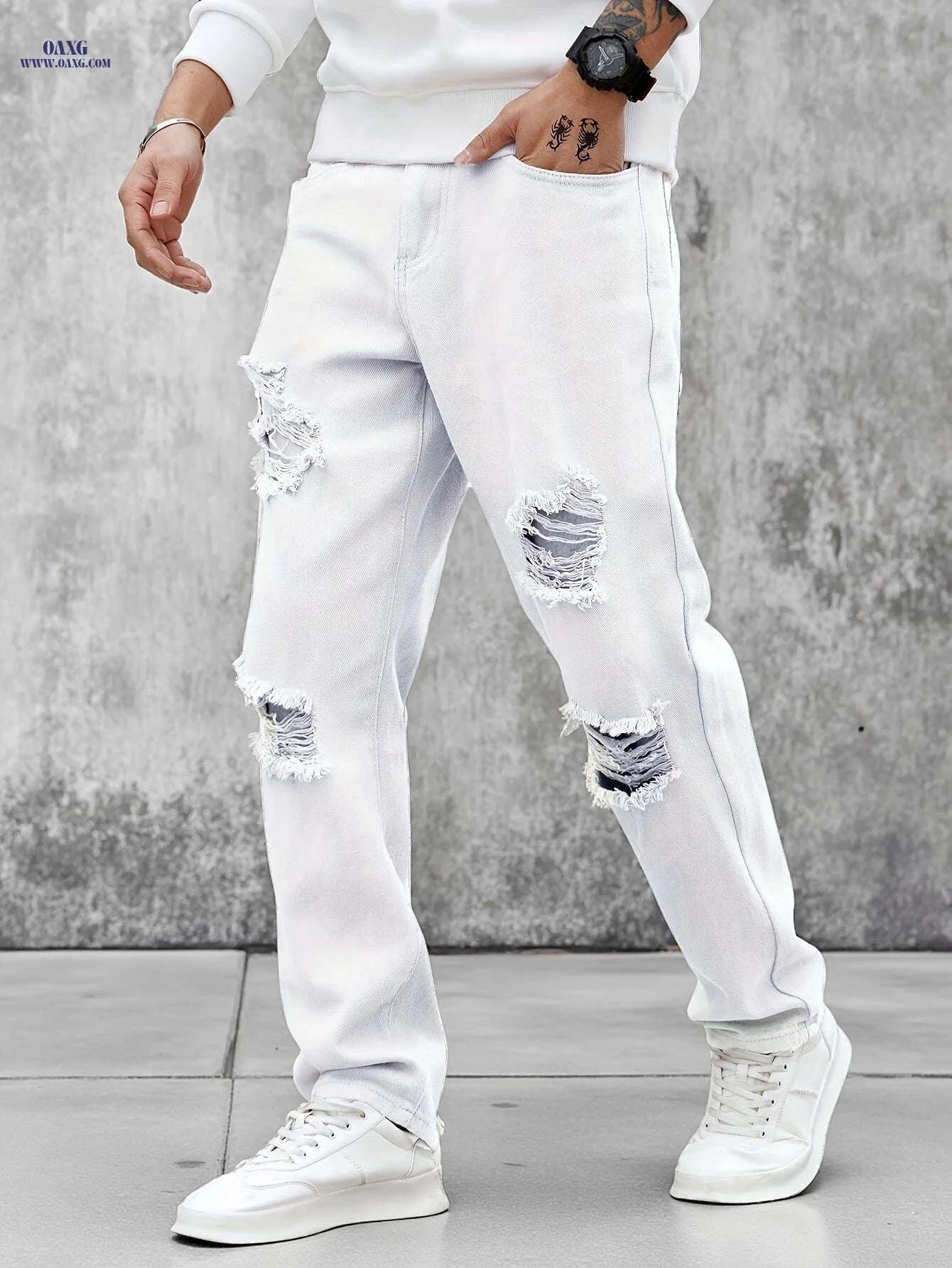 Trendy Men's White Ripped Jeans - Casual Straight-Leg Trousers   OAXG 