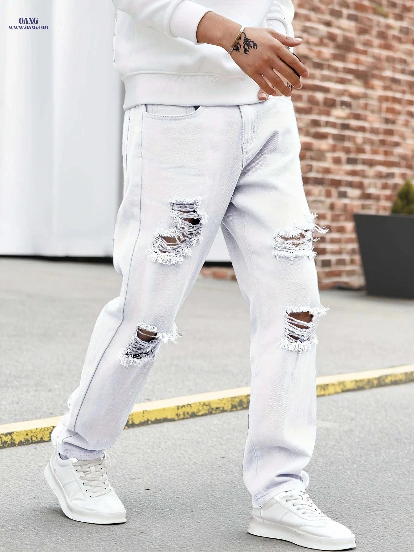 Trendy Men's White Ripped Jeans - Casual Straight-Leg Trousers   OAXG 
