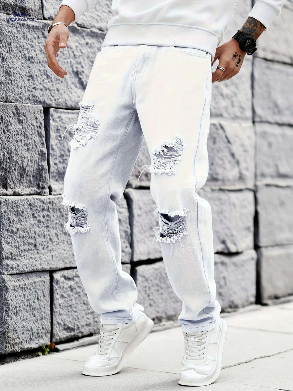 Trendy Men's White Ripped Jeans - Casual Straight-Leg Trousers   OAXG White / FR S