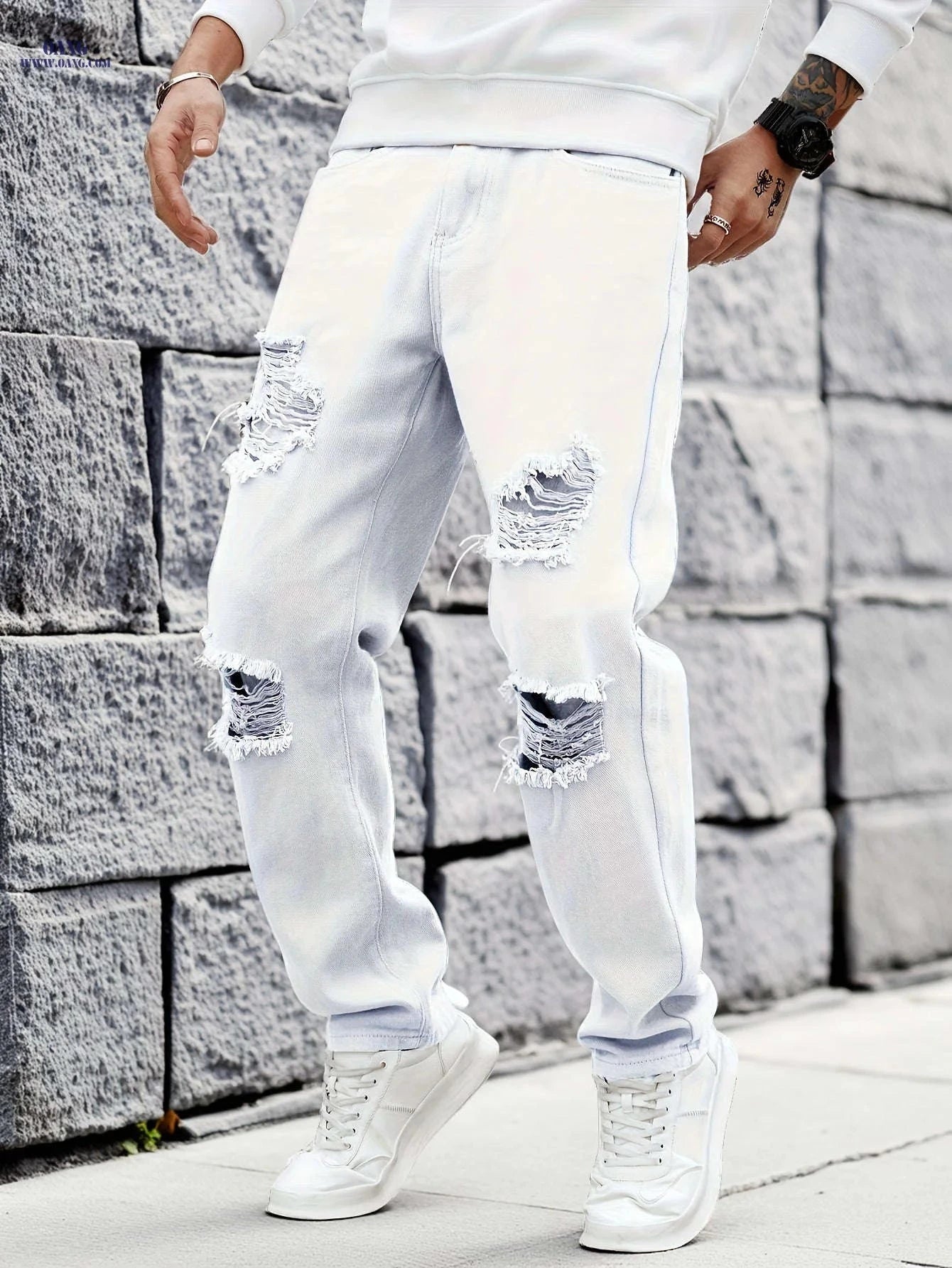 Trendy Men's White Ripped Jeans - Casual Straight-Leg Trousers   OAXG White / FR S