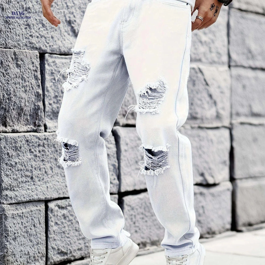 Trendy Men's White Ripped Jeans - Casual Straight-Leg Trousers   OAXG White / FR S