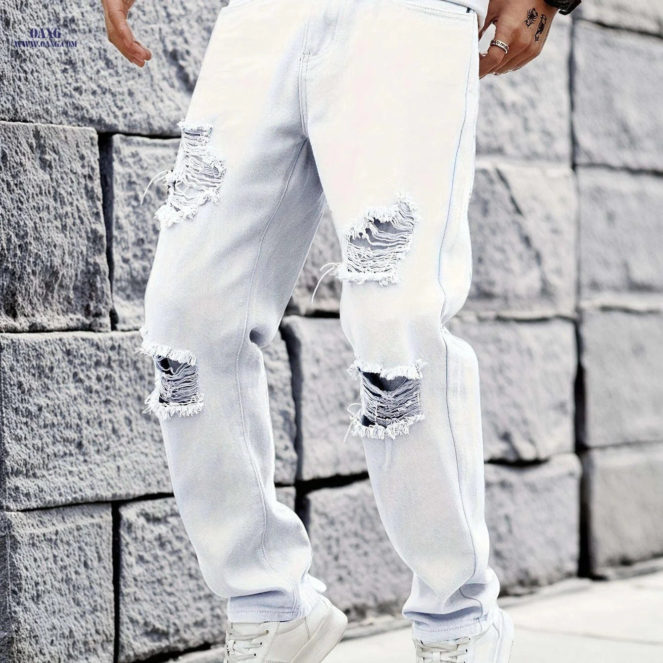Trendy Men's White Ripped Jeans - Casual Straight-Leg Trousers   OAXG White / FR S