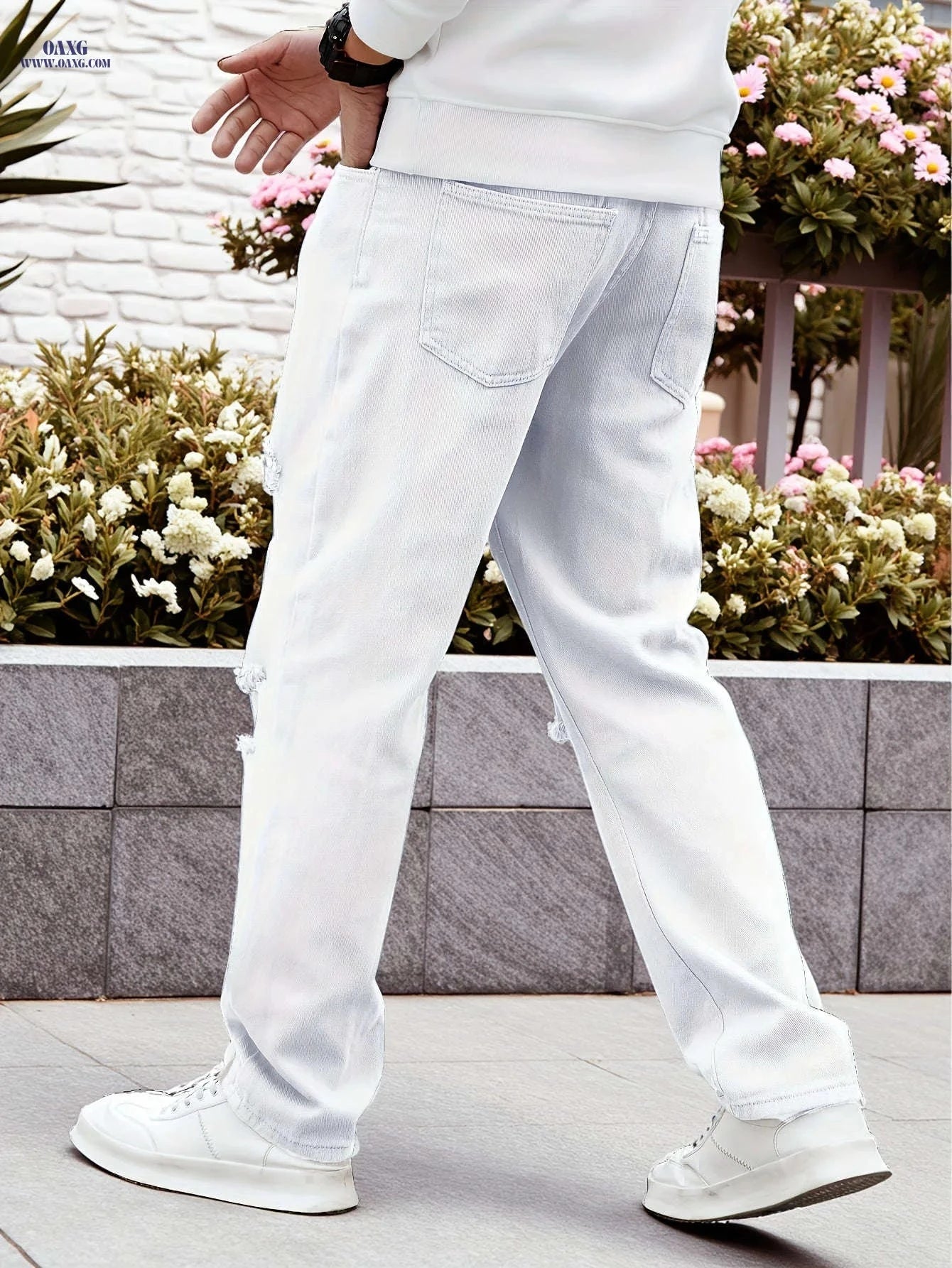 Trendy Men's White Ripped Jeans - Casual Straight-Leg Trousers   OAXG White / FR S