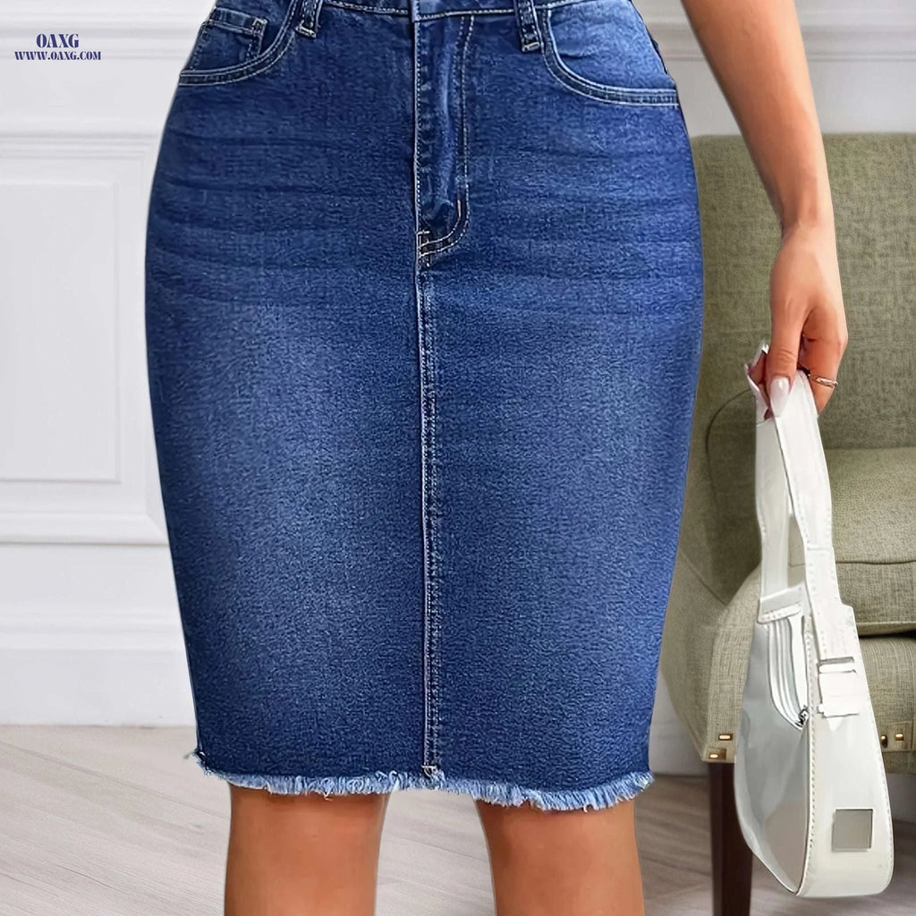 Trendy Mid-Length Blue Skirt with Frayed Edges - Stylish Button Design   OAXG Medium Blue / S