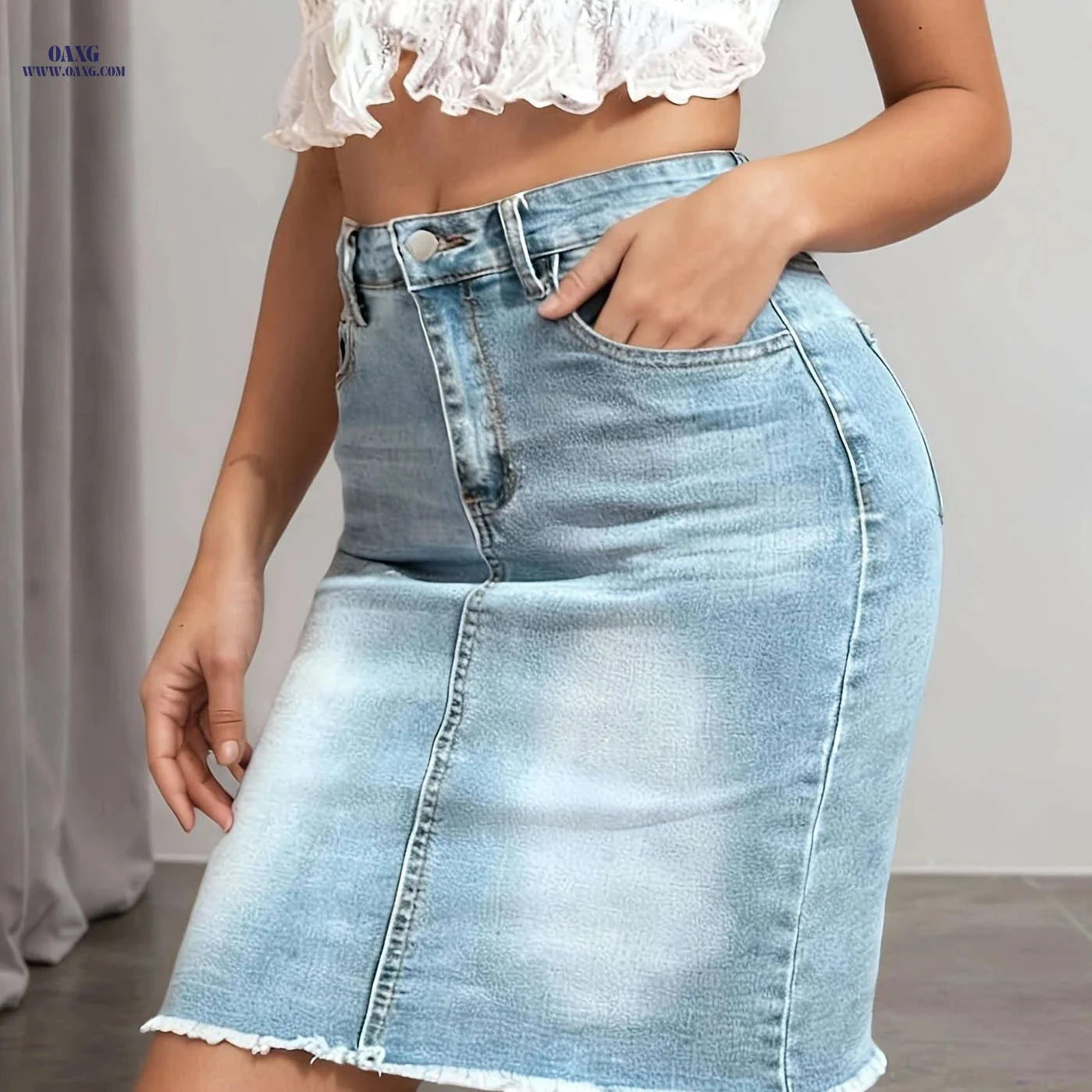 Trendy Mid-Length Blue Skirt with Frayed Edges - Stylish Button Design   OAXG Medium Blue / S
