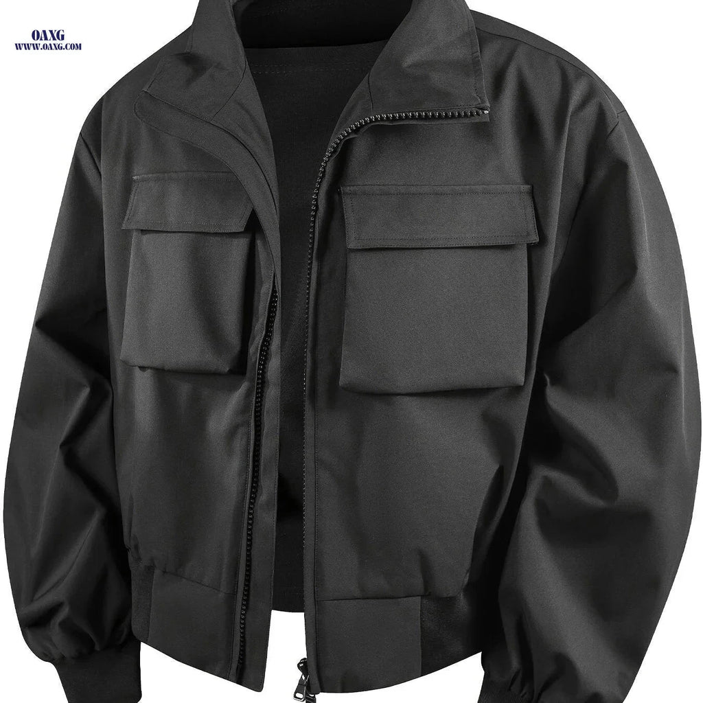 Trendy Multi-Pocket Work Jacket for Youth Men - Solid Color Style   OAXG 