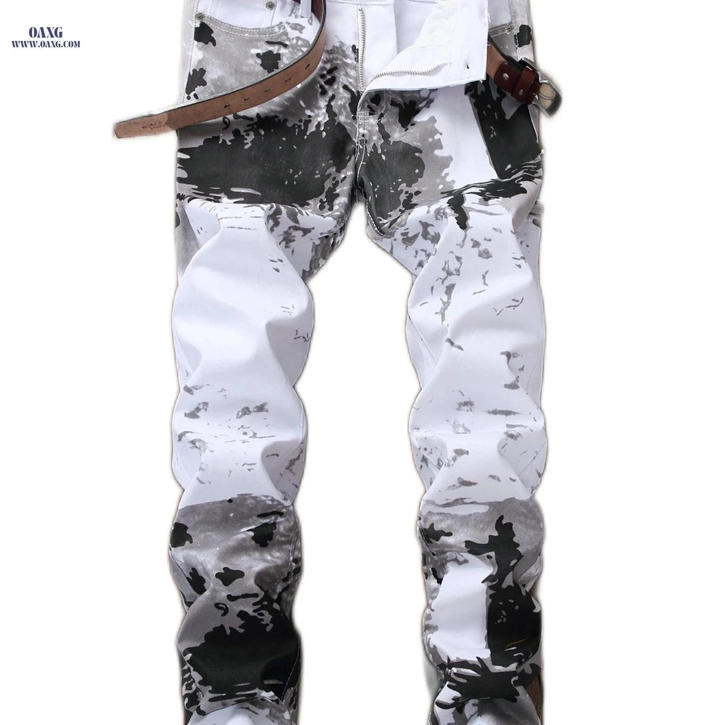 Trendy Print Men's Fashion Jeans - Versatile Long Pants for Men   OAXG White / FR 38
