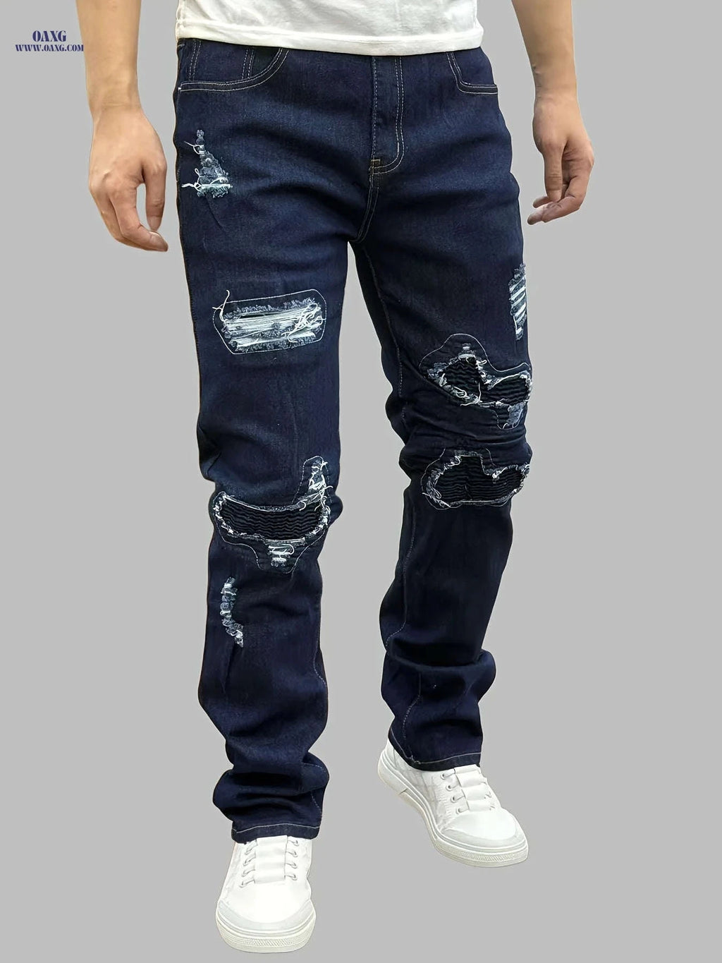 Trendy Ripped Blue Slim-Fit Jeans for Men - Stretchy Cotton Blend   OAXG 