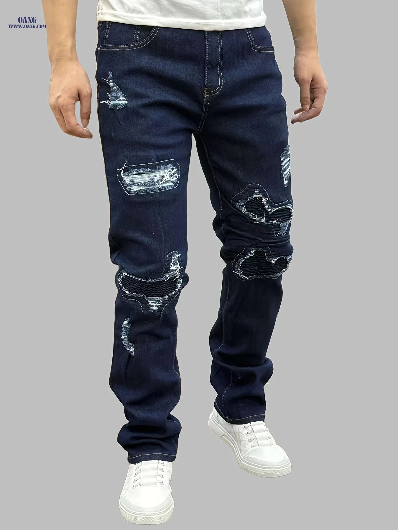 Trendy Ripped Blue Slim-Fit Jeans for Men - Stretchy Cotton Blend   OAXG 
