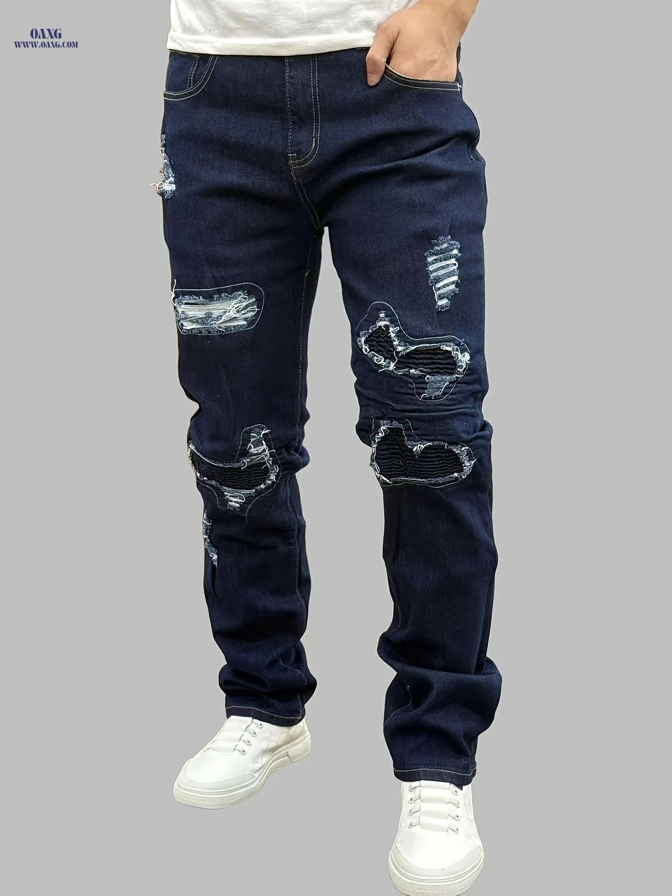Trendy Ripped Blue Slim-Fit Jeans for Men - Stretchy Cotton Blend   OAXG 