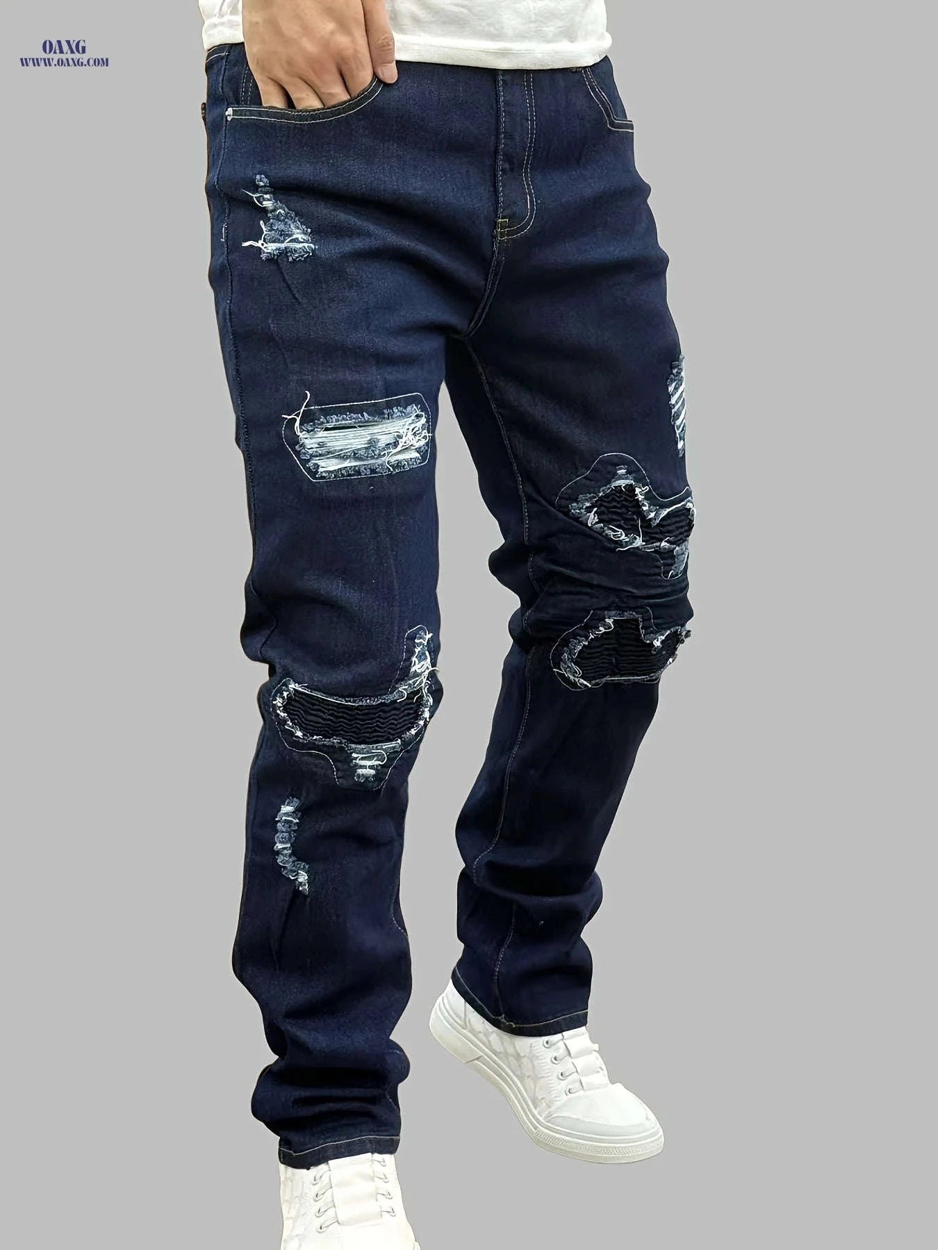Trendy Ripped Blue Slim-Fit Jeans for Men - Stretchy Cotton Blend   OAXG 