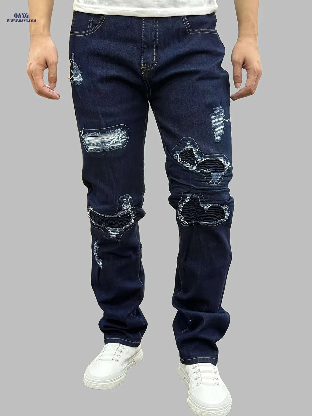 Trendy Ripped Blue Slim-Fit Jeans for Men - Stretchy Cotton Blend   OAXG Royal Blue / FR 38