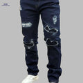 Trendy Ripped Blue Slim-Fit Jeans for Men - Stretchy Cotton Blend   OAXG Royal Blue / FR 38