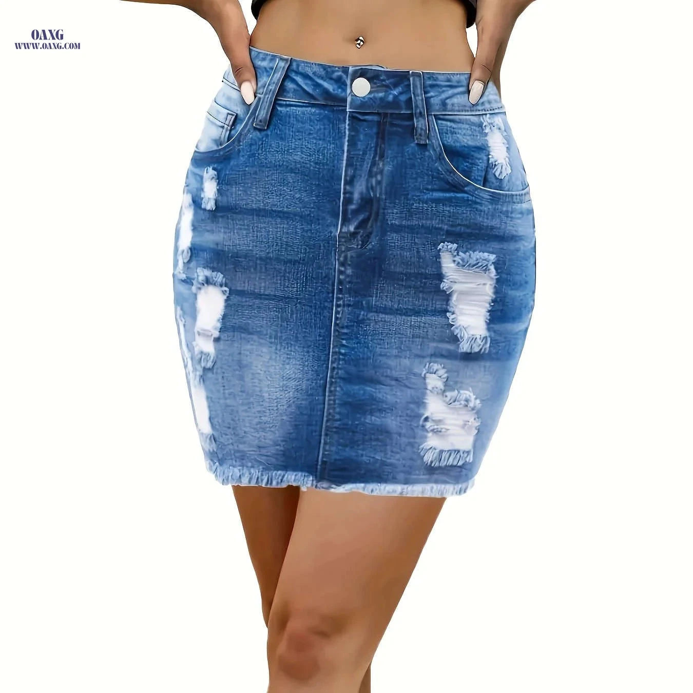Trendy Ripped Denim Mini Skirt - Mid-Waist, Slim-Fit Style   OAXG Dark Blue / S