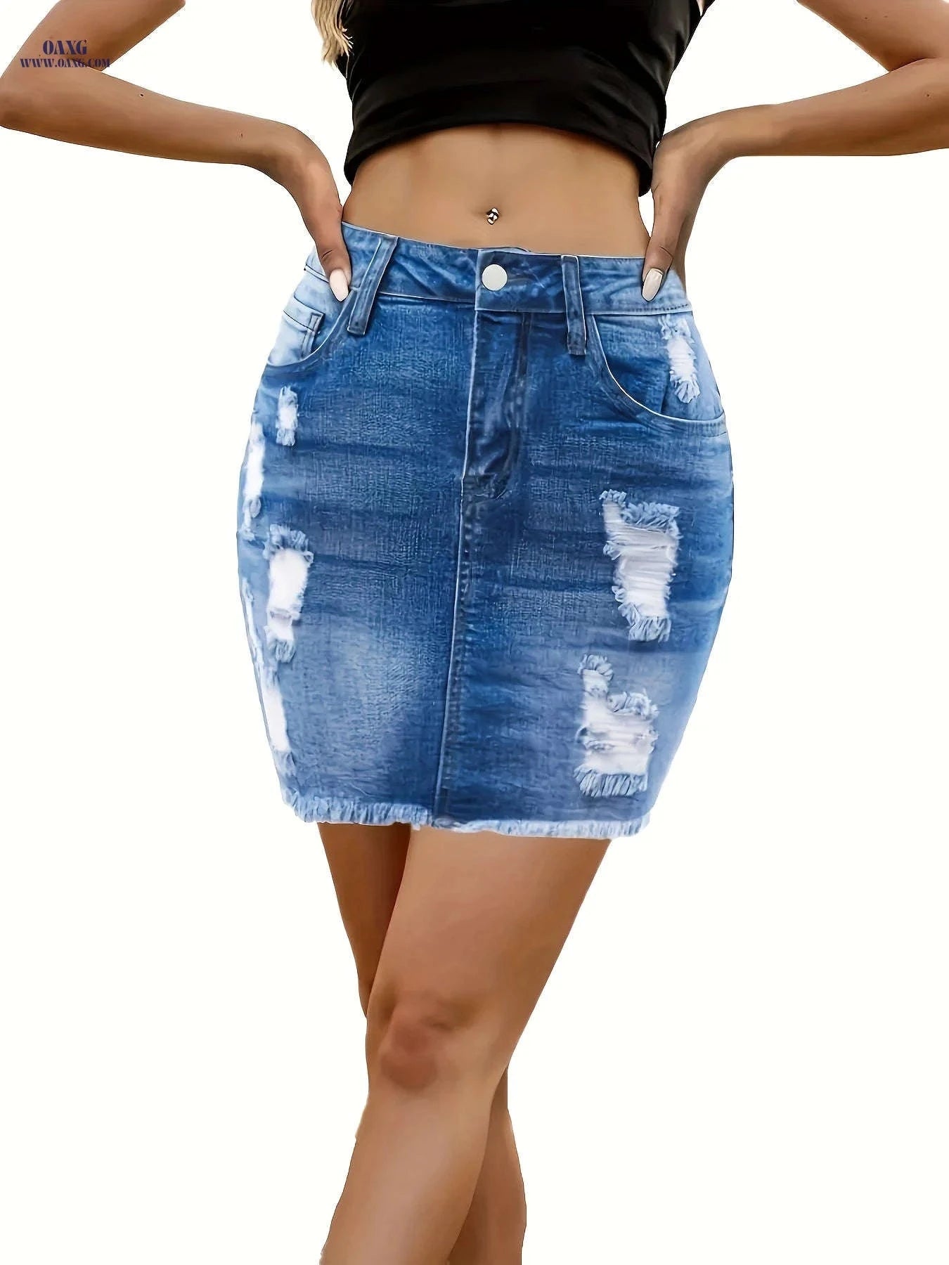 Trendy Ripped Denim Mini Skirt - Mid-Waist, Slim-Fit Style   OAXG Dark Blue / S