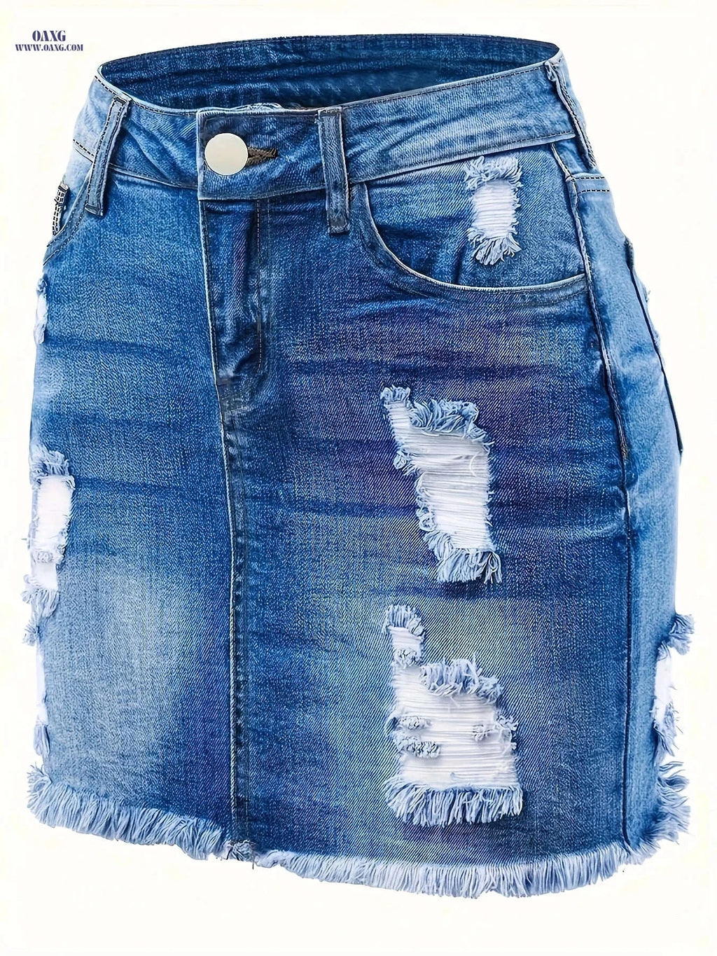 Trendy Ripped Denim Mini Skirt - Mid-Waist, Slim-Fit Style   OAXG Dark Blue / S