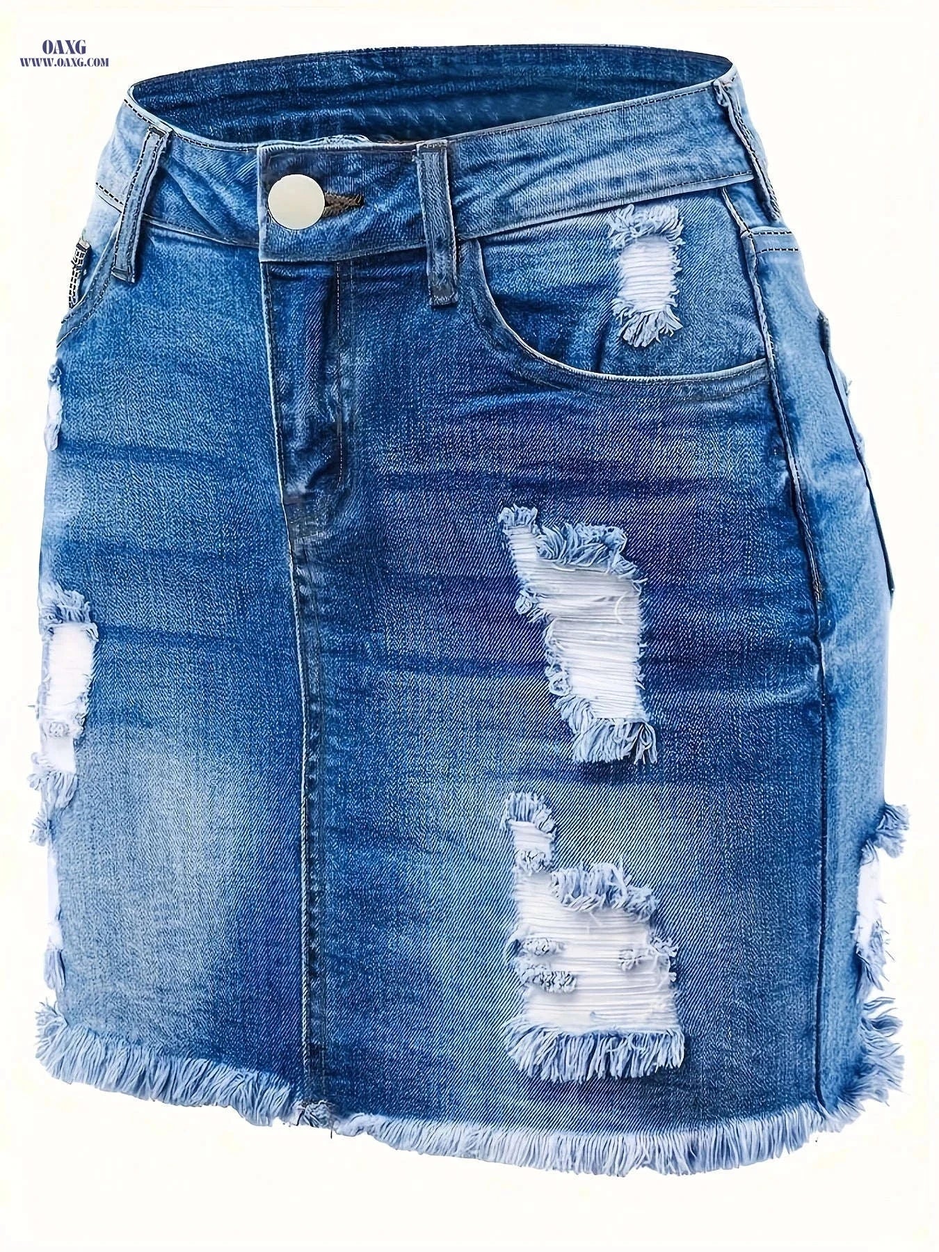 Trendy Ripped Denim Mini Skirt - Mid-Waist, Slim-Fit Style   OAXG Dark Blue / S
