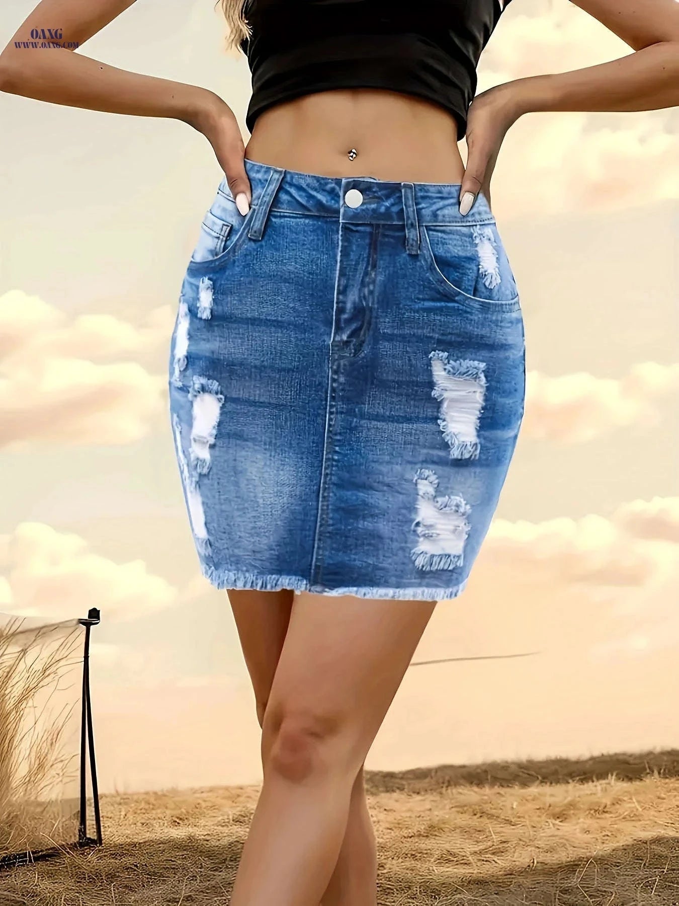 Trendy Ripped Denim Mini Skirt - Mid-Waist, Slim-Fit Style   OAXG 