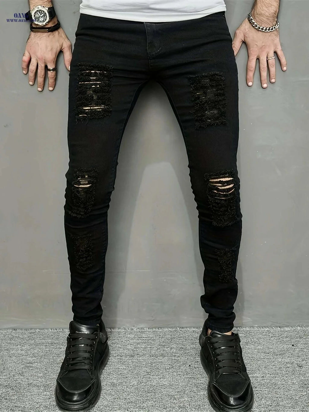Trendy Ripped Summer Pants for Men - Skinny Fit Medium Stretch Denim   OAXG Black / 28