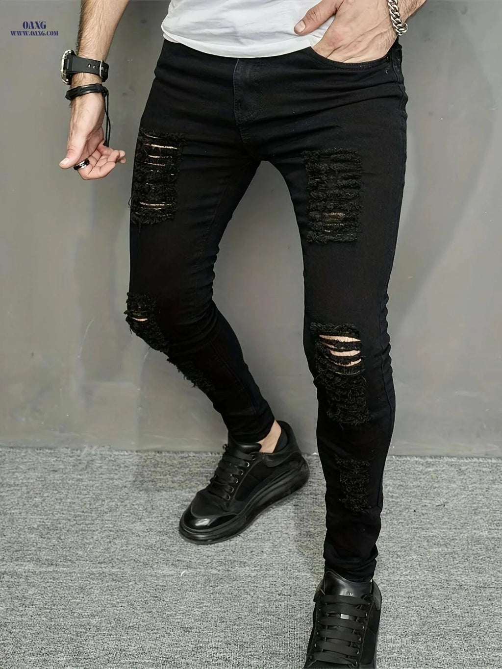 Trendy Ripped Summer Pants for Men - Skinny Fit Medium Stretch Denim   OAXG Black / 28