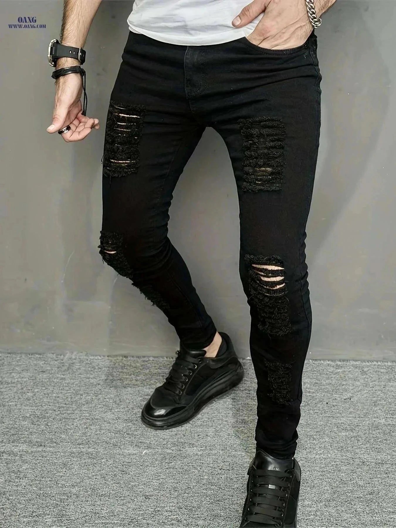 Trendy Ripped Summer Pants for Men - Skinny Fit Medium Stretch Denim   OAXG Black / 28