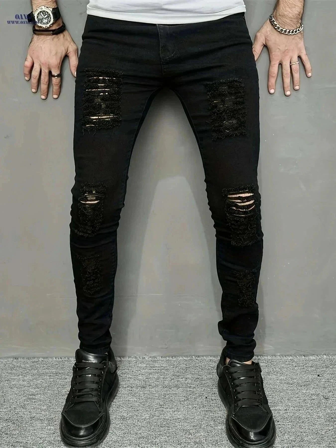 Trendy Ripped Summer Pants for Men - Skinny Fit Medium Stretch Denim   OAXG Black / 28