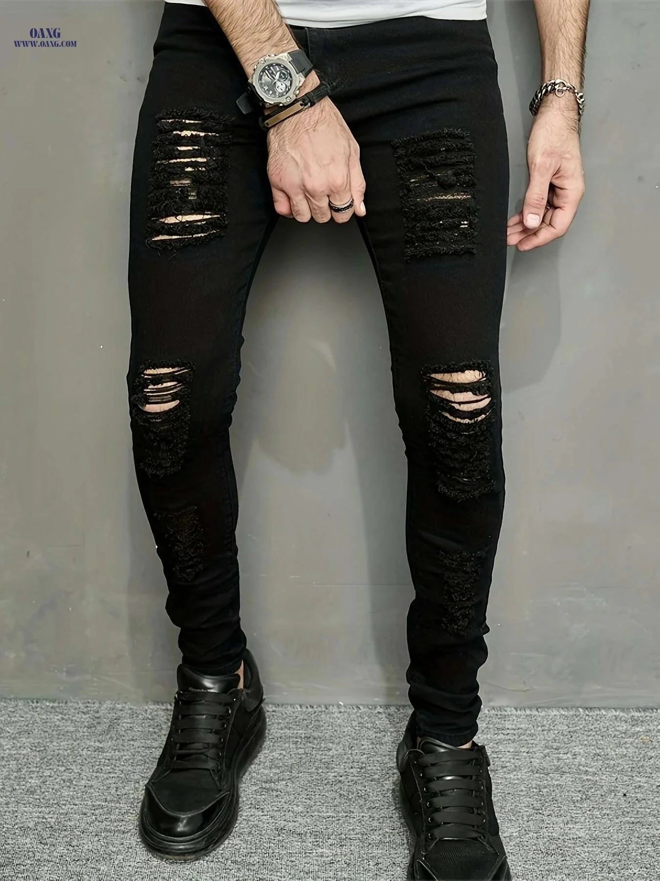 Trendy Ripped Summer Pants for Men - Skinny Fit Medium Stretch Denim   OAXG Black / 28