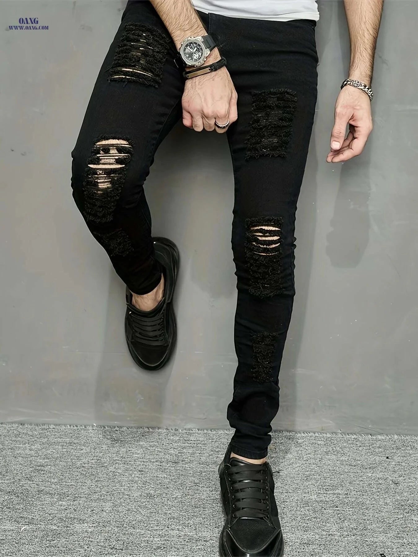 Trendy Ripped Summer Pants for Men - Skinny Fit Medium Stretch Denim   OAXG Black / 28
